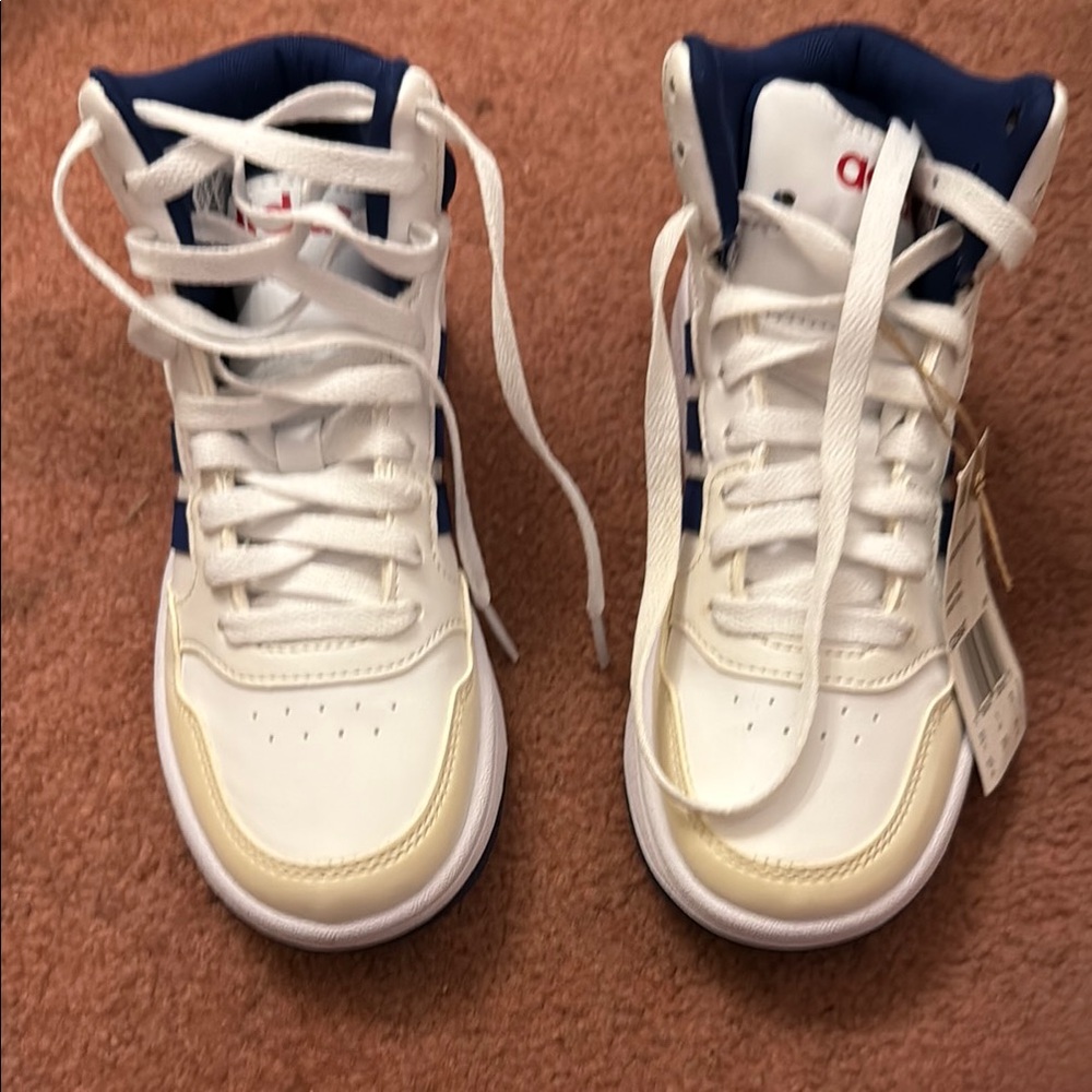 Adidas White and Blue High-Top Sneakers with Classic Design
